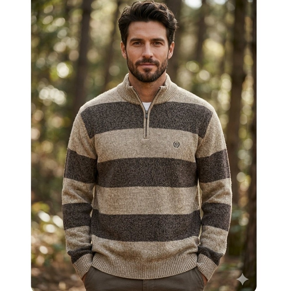 Chaps Mens Striped Quarter Zip Sweater‎ XL Brown Heathered Pullover Preppy Comfy